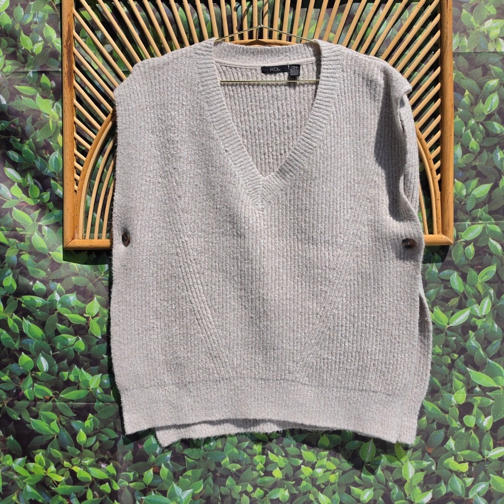 RDI Womens Ribbed Knit V-Neck Sweater Vest Oatmeal Beige Heather Size Large